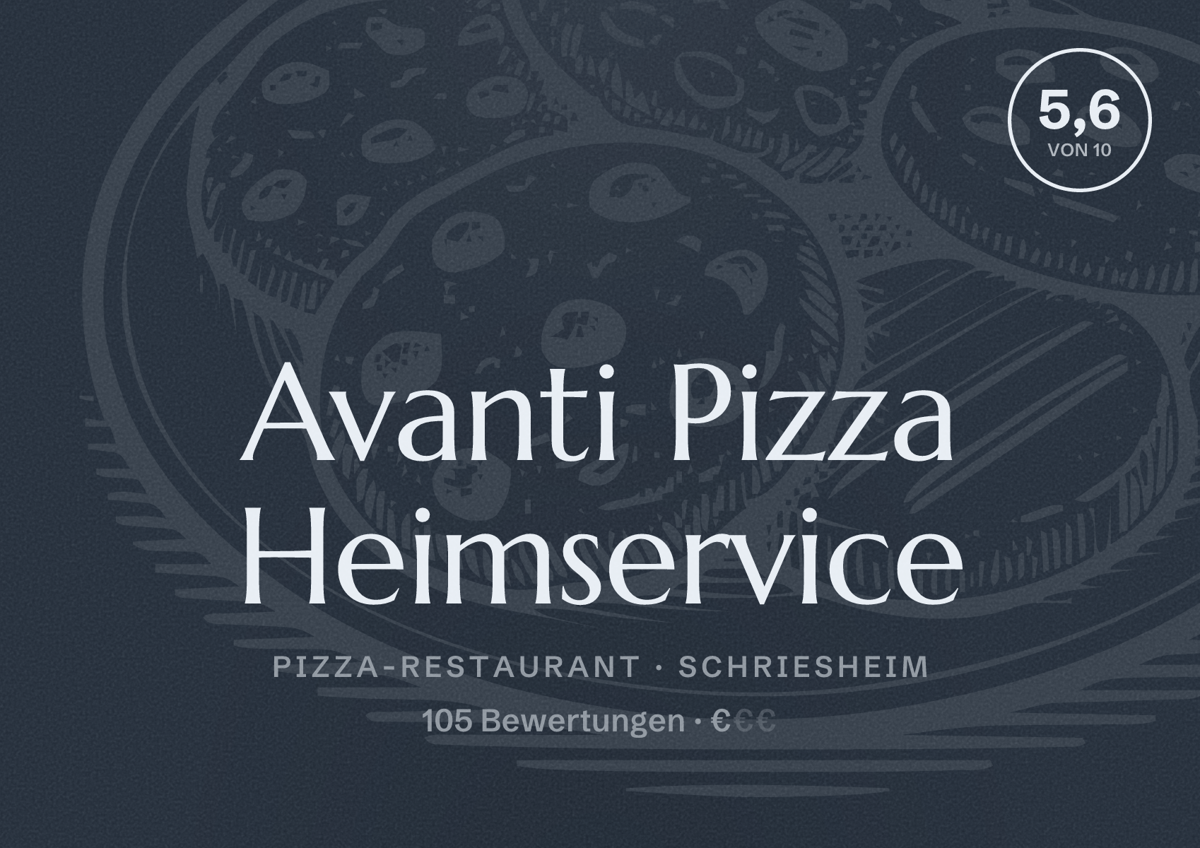 Illustriertes Poster von Avanti Pizza Heimservice, Pizza-Restaurant in Schriesheim: Bewertung 5,6 von 10 aus 105 Bewertungen, Preisniveau €