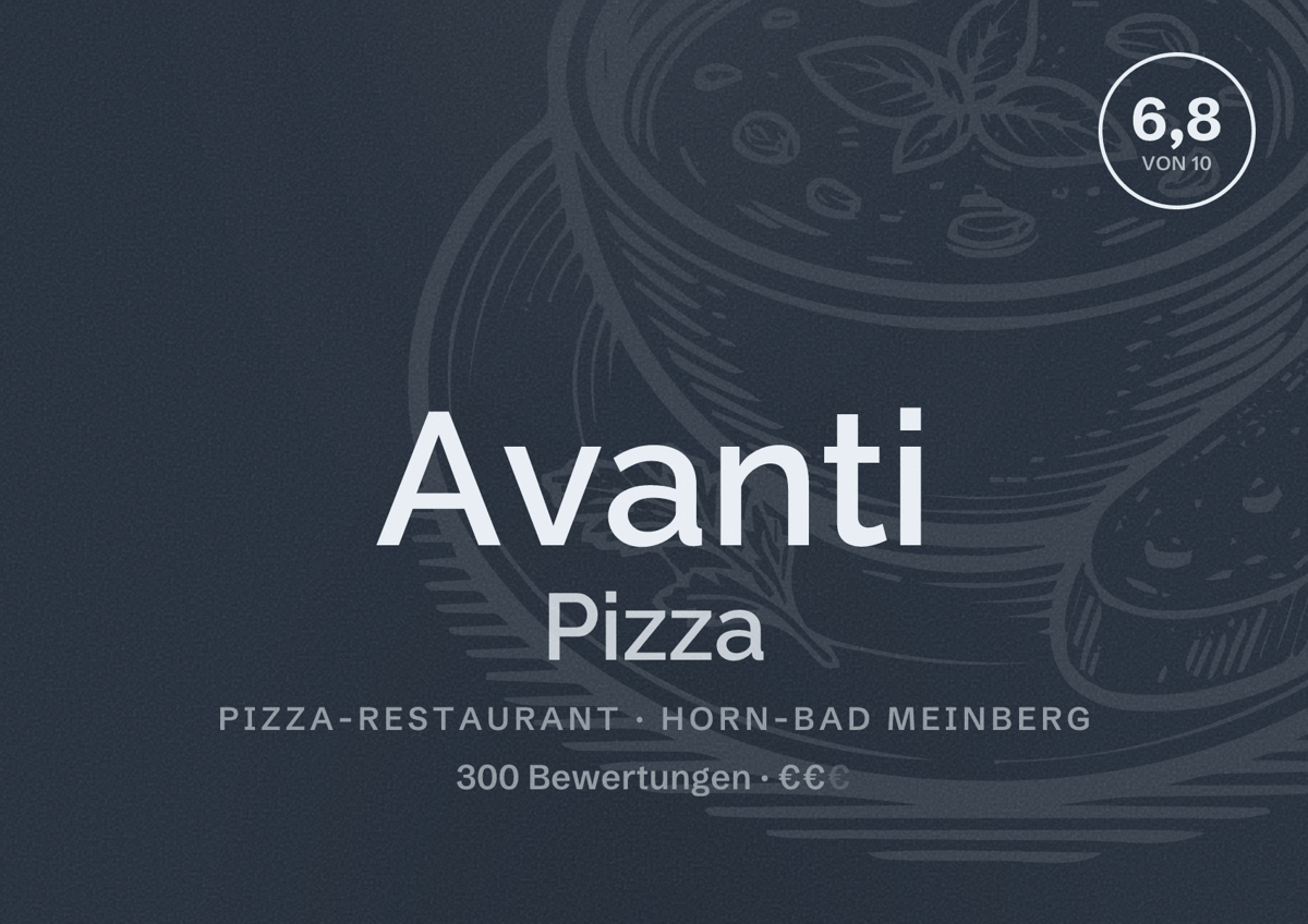 Illustriertes Poster von Avanti Pizza, Pizza-Restaurant in Horn-Bad Meinberg: Bewertung 6,8 von 10 aus 300 Bewertungen, Preisniveau €€