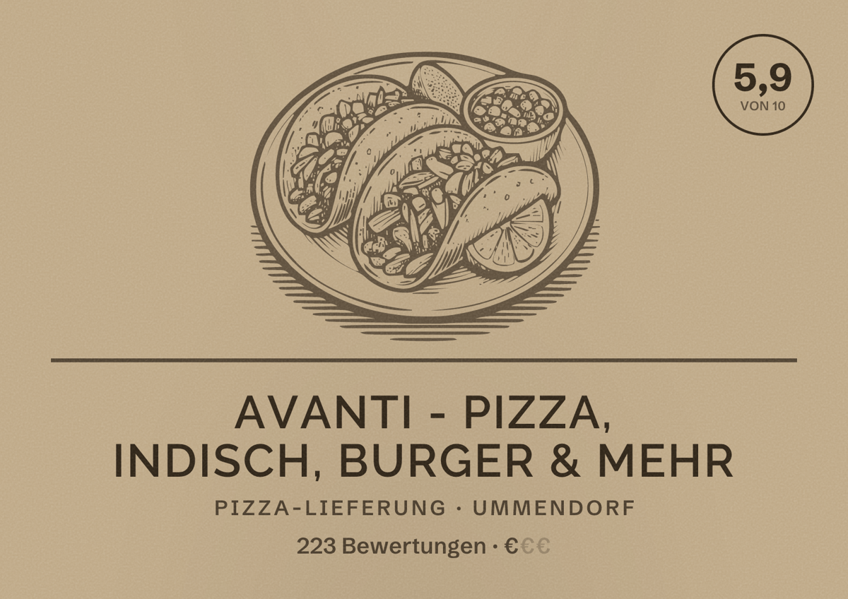 Illustriertes Poster von Avanti - Pizza, Indisch, Burger & mehr, Pizza-Lieferung in Ummendorf: Bewertung 5,9 von 10 aus 223 Bewertungen, Preisniveau €