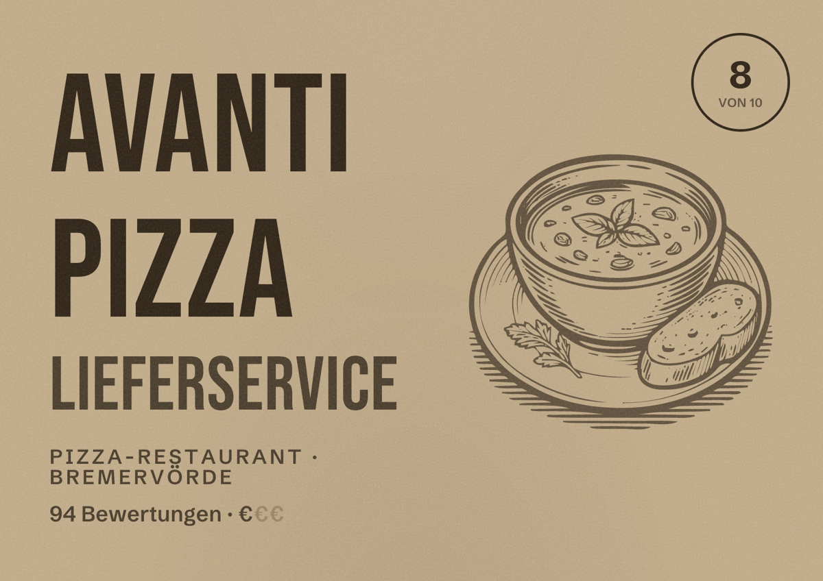 Illustriertes Poster von Avanti Pizza Lieferservice, Pizza-Restaurant in Bremervörde: Bewertung 8 von 10 aus 94 Bewertungen, Preisniveau €