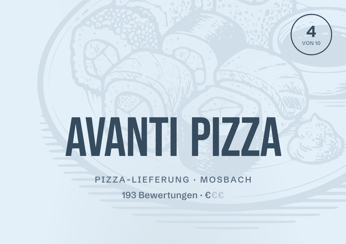 Illustriertes Poster von Avanti Pizza, Pizza-Lieferung in Mosbach: Bewertung 4 von 10 aus 193 Bewertungen, Preisniveau €
