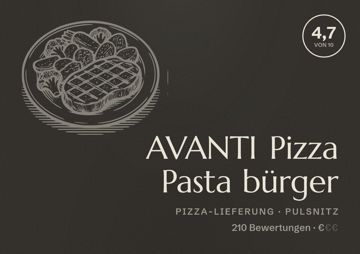 Illustriertes Poster von AVANTI Pizza Pasta bürger, Pizza-Lieferung in Pulsnitz: Bewertung 4,7 von 10 aus 210 Bewertungen, Preisniveau €