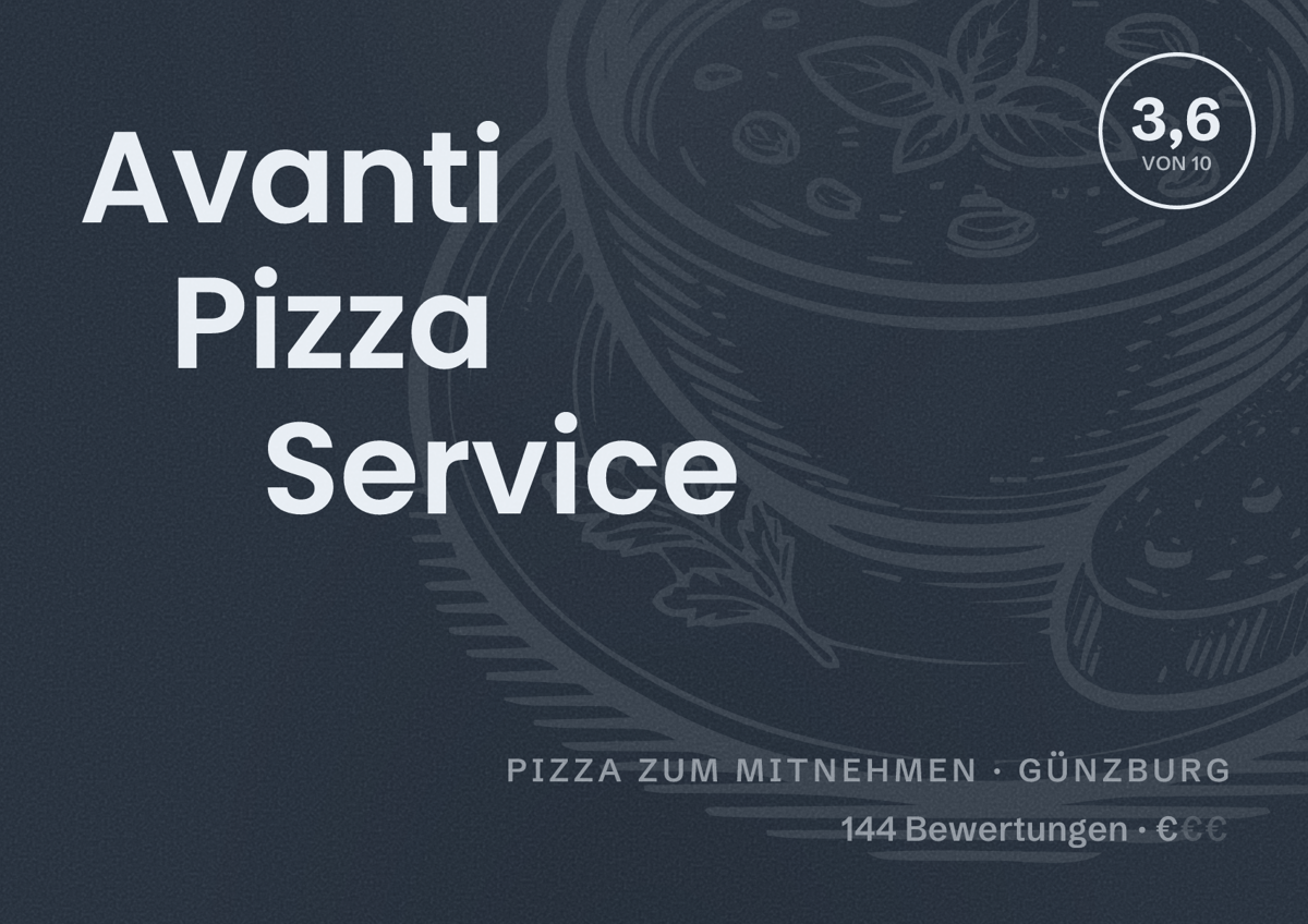 Illustriertes Poster von Avanti Pizza Service, Pizza zum Mitnehmen in Günzburg: Bewertung 3,6 von 10 aus 144 Bewertungen, Preisniveau €