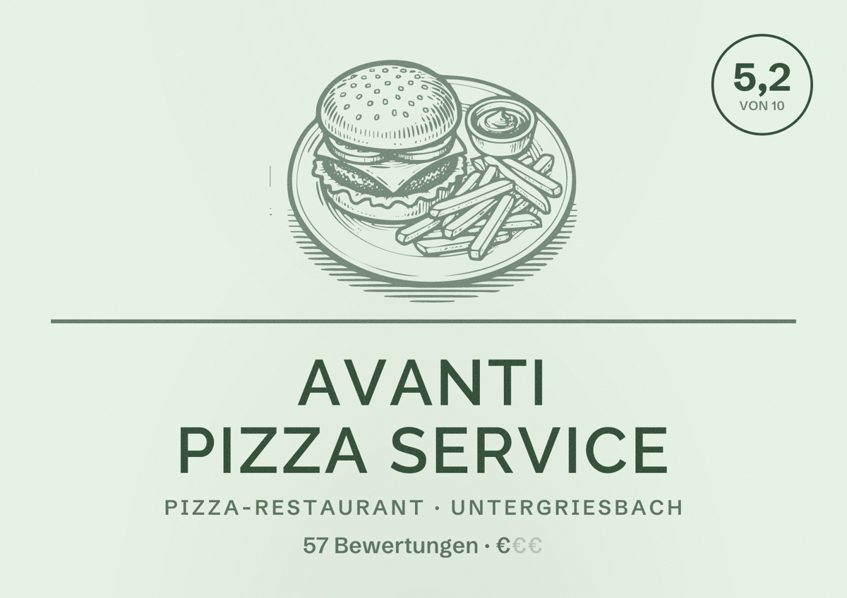 Illustriertes Poster von Avanti Pizza Service, Pizza-Restaurant in Untergriesbach: Bewertung 5,2 von 10 aus 57 Bewertungen, Preisniveau €