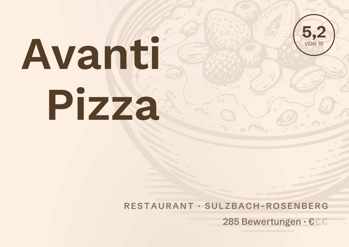 Illustriertes Poster von Avanti Pizza, Restaurant in Sulzbach-Rosenberg: Bewertung 5,2 von 10 aus 285 Bewertungen, Preisniveau €