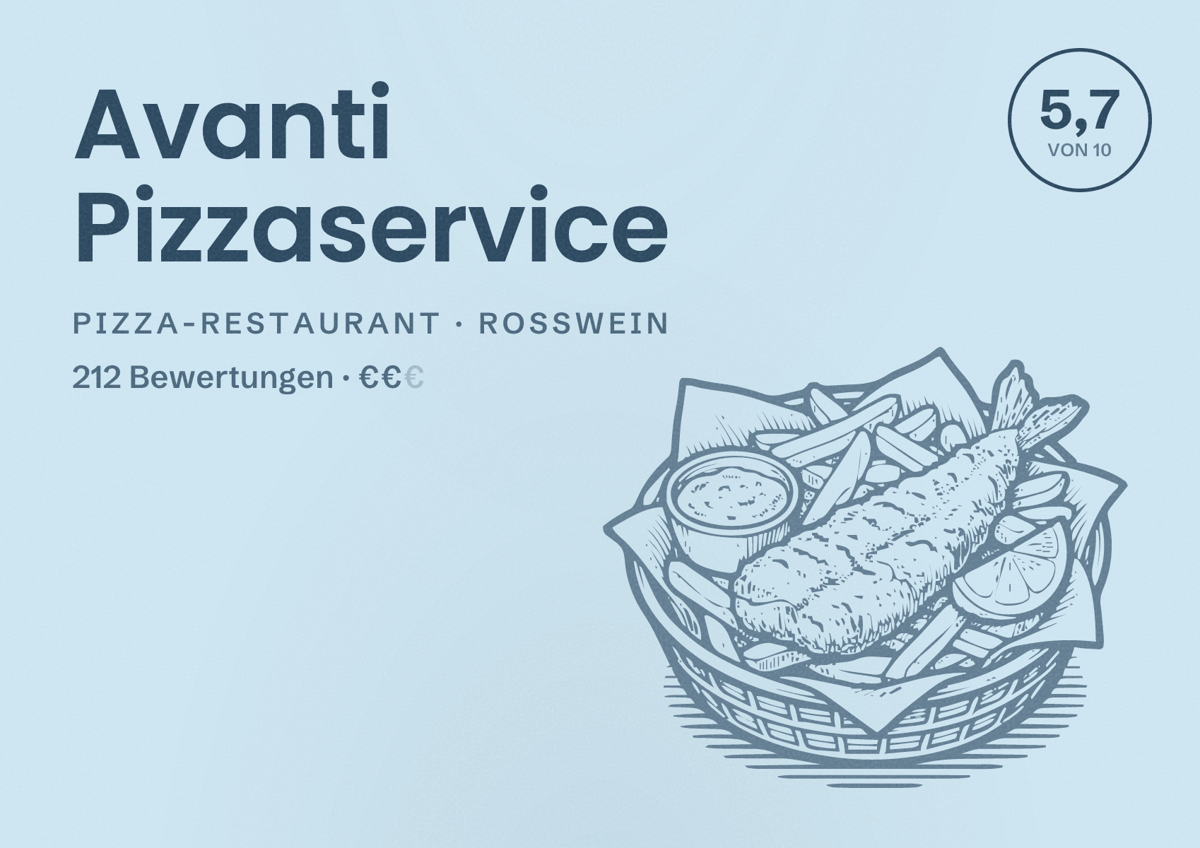 Illustriertes Poster von Avanti Pizzaservice, Pizza-Restaurant in Roßwein: Bewertung 5,7 von 10 aus 212 Bewertungen, Preisniveau €€