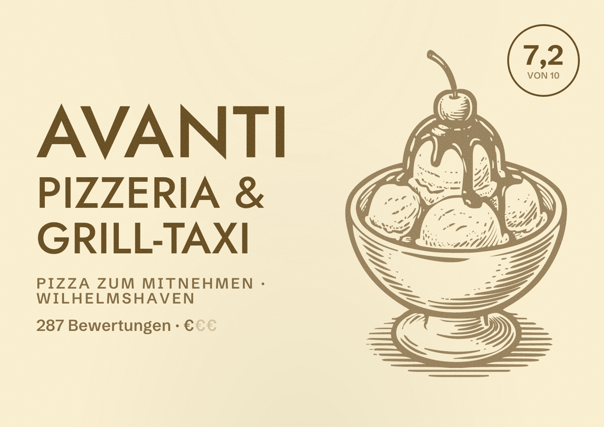 Illustriertes Poster von Avanti Pizzeria & Grill-Taxi, Pizza zum Mitnehmen in Wilhelmshaven: Bewertung 7,2 von 10 aus 287 Bewertungen, Preisniveau €