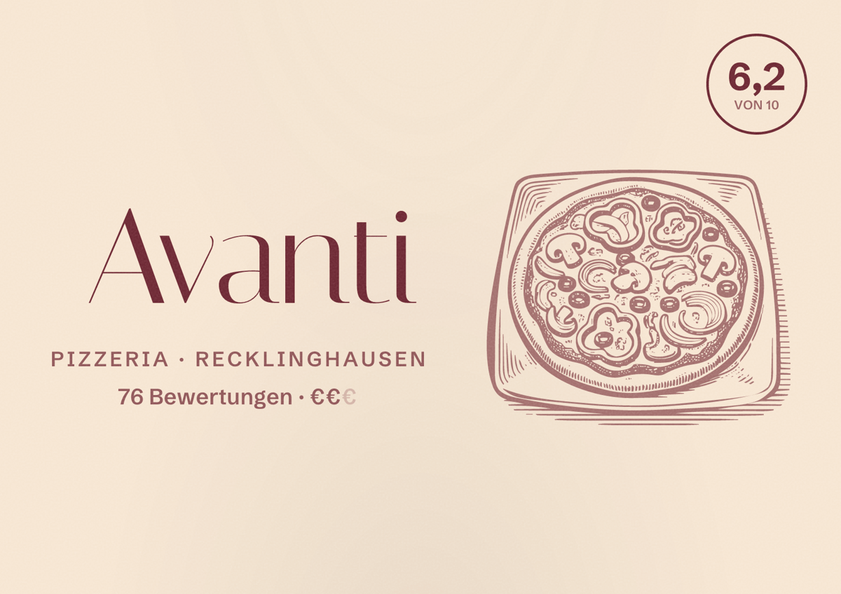 Illustriertes Poster von Avanti, Pizzeria in Recklinghausen: Bewertung 6,2 von 10 aus 76 Bewertungen, Preisniveau €€