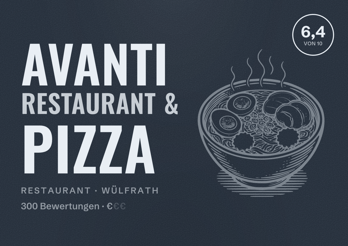 Illustriertes Poster von Avanti Restaurant & Pizza, Restaurant in Wülfrath: Bewertung 6,4 von 10 aus 300 Bewertungen, Preisniveau €