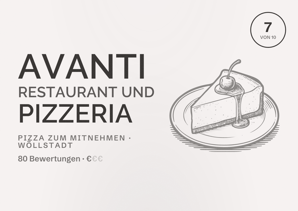 Illustriertes Poster von Avanti Restaurant und Pizzeria, Pizza zum Mitnehmen in Wöllstadt: Bewertung 7 von 10 aus 80 Bewertungen, Preisniveau €