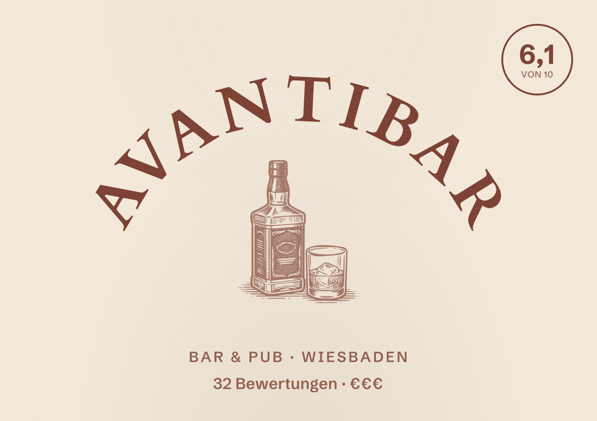 Illustriertes Poster von AvantiBar, Bar & Pub in Wiesbaden: Bewertung 6,1 von 10 aus 32 Bewertungen, Preisniveau €€€