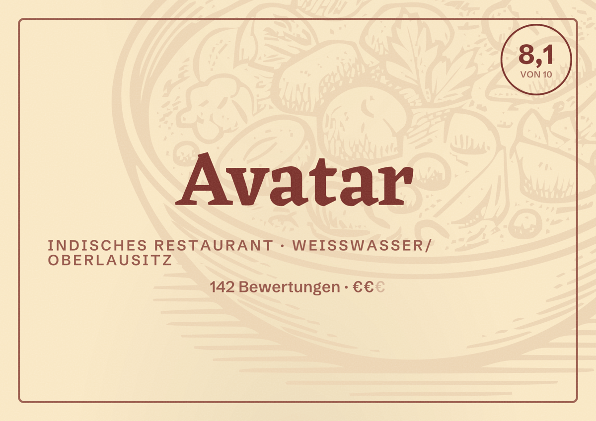Illustriertes Poster von Avatar, Indisches Restaurant in Weißwasser/Oberlausitz: Bewertung 8,1 von 10 aus 142 Bewertungen, Preisniveau €€