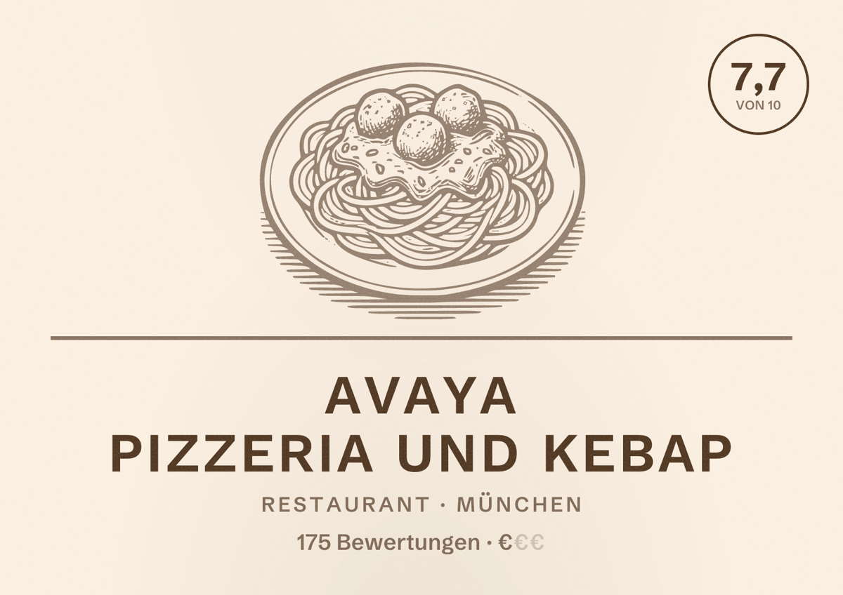 Illustriertes Poster von Avaya Pizzeria und Kebap, Restaurant in München: Bewertung 7,7 von 10 aus 175 Bewertungen, Preisniveau €
