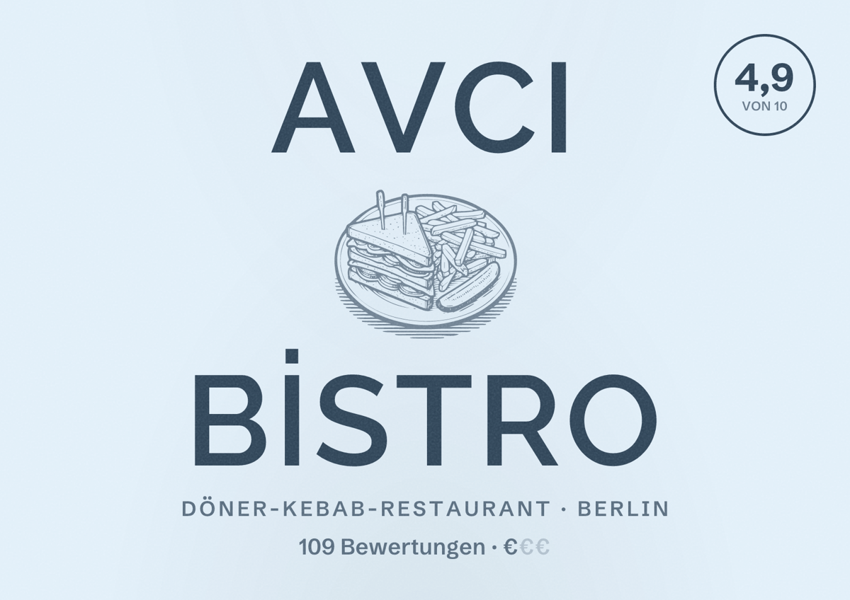 Illustriertes Poster von Avci BİSTRO, Döner-Kebab-Restaurant in Berlin: Bewertung 4,9 von 10 aus 109 Bewertungen, Preisniveau €