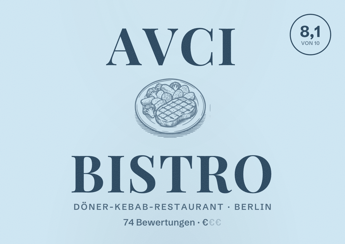Illustriertes Poster von Avci Bistro, Döner-Kebab-Restaurant in Berlin: Bewertung 8,1 von 10 aus 74 Bewertungen, Preisniveau €