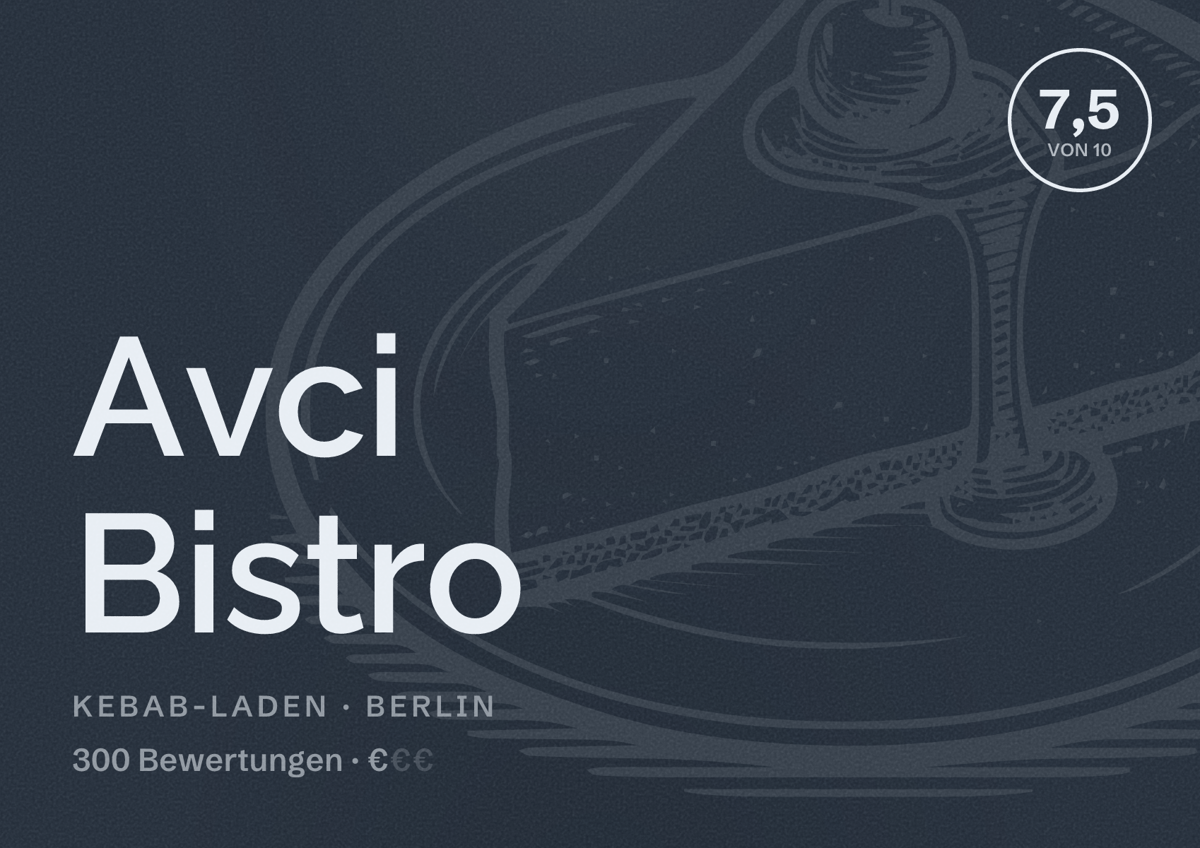 Illustriertes Poster von Avci Bistro, Kebab-Laden in Berlin: Bewertung 7,5 von 10 aus 300 Bewertungen, Preisniveau €