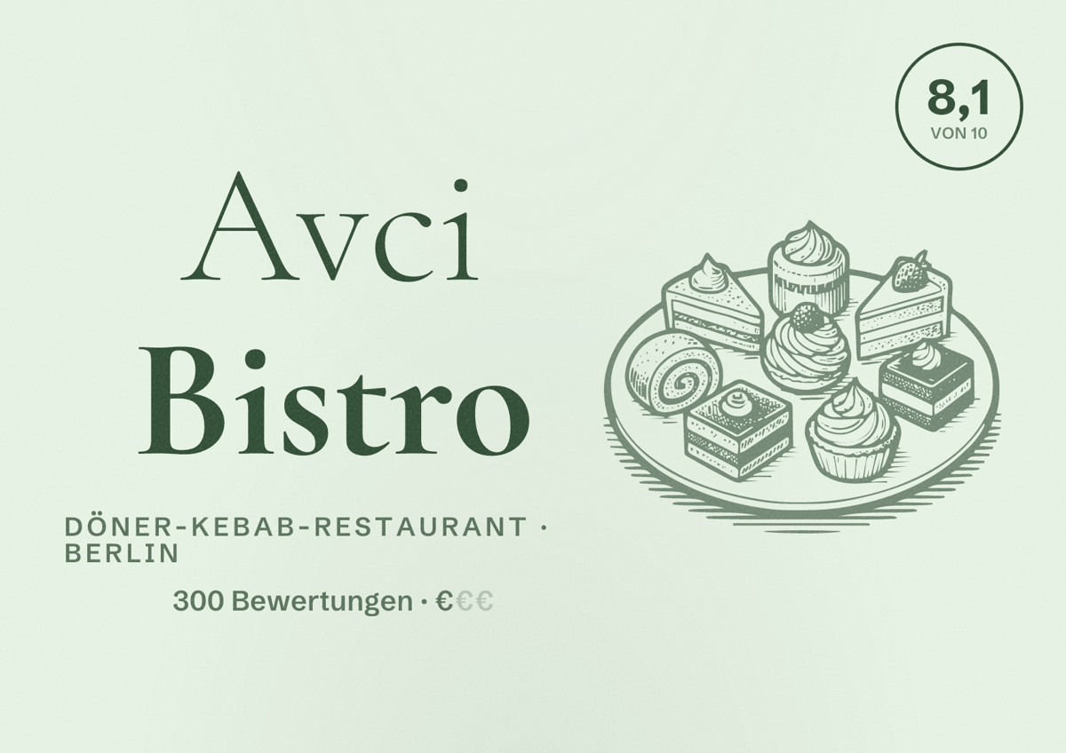Illustriertes Poster von Avci Bistro, Döner-Kebab-Restaurant in Berlin: Bewertung 8,1 von 10 aus 300 Bewertungen, Preisniveau €