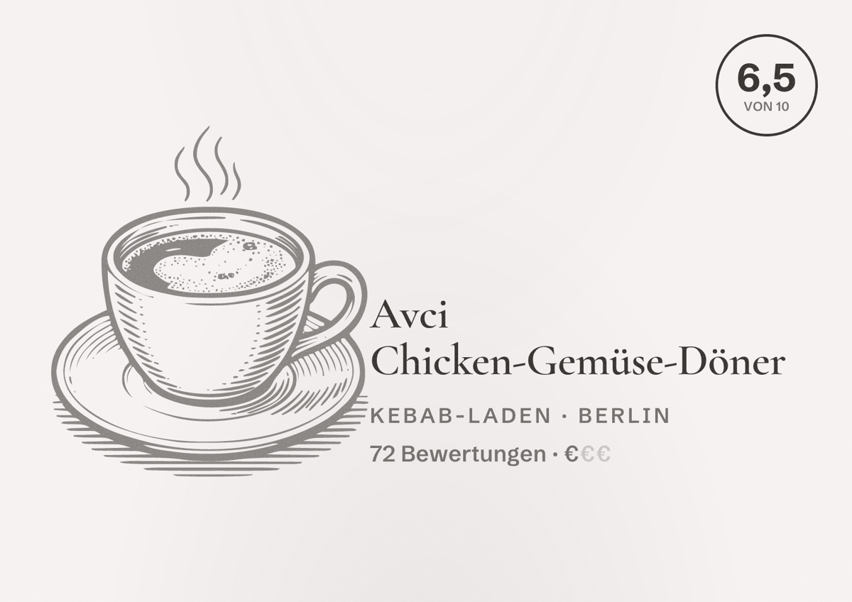 Illustriertes Poster von Avci Chicken-Gemüse-Döner, Kebab-Laden in Berlin: Bewertung 6,5 von 10 aus 72 Bewertungen, Preisniveau €