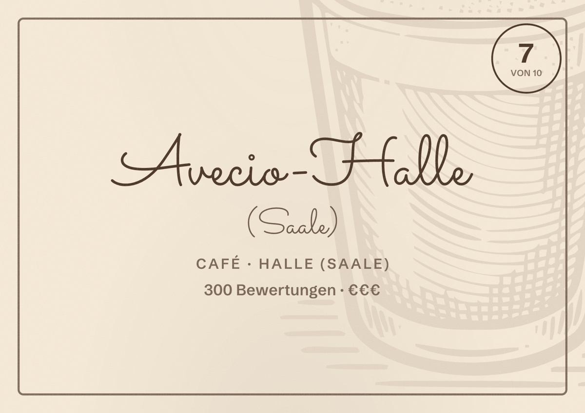 Illustriertes Poster von Avecio-Halle (Saale), Café in Halle (Saale): Bewertung 7,0 von 10 aus 300 Bewertungen, Preisniveau €€€