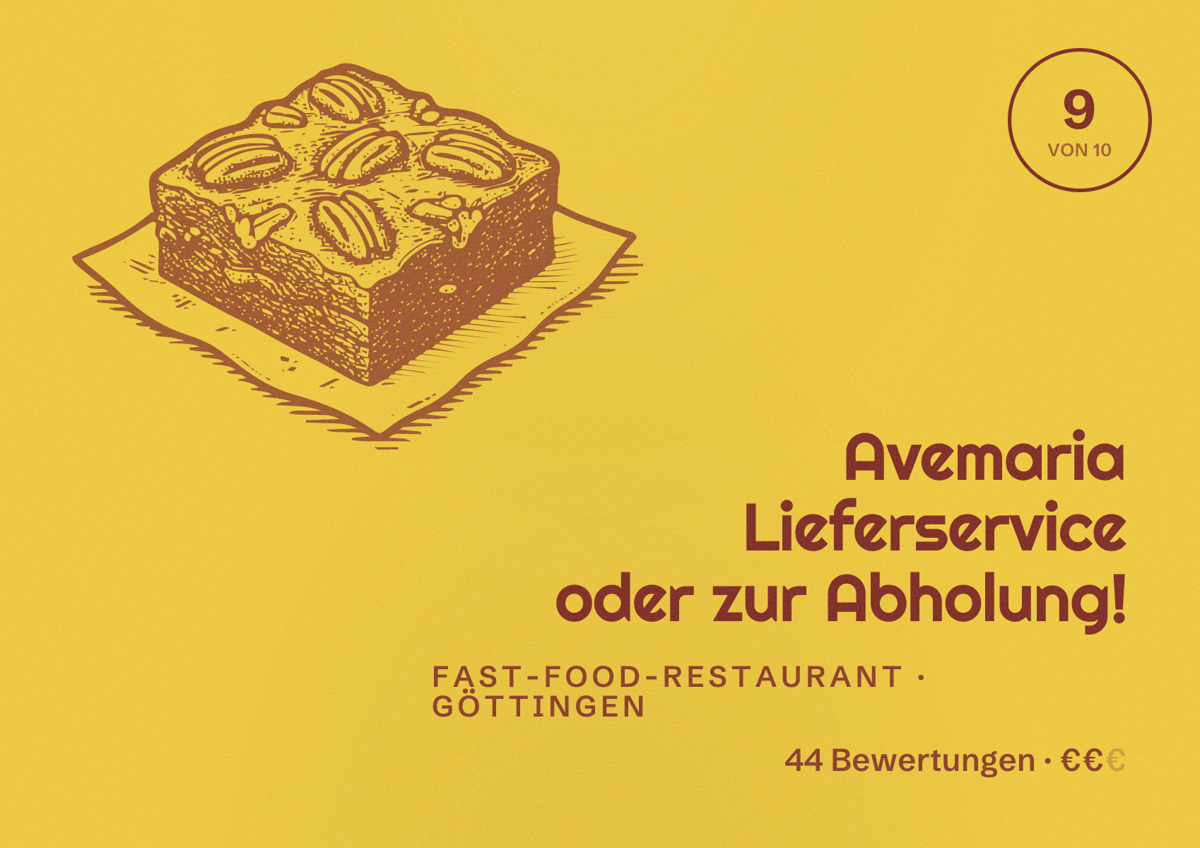 Illustriertes Poster von Avemaria Lieferservice oder zur Abholung!, Fast-Food-Restaurant in Göttingen: Bewertung 9 von 10 aus 44 Bewertungen, Preisniveau €€