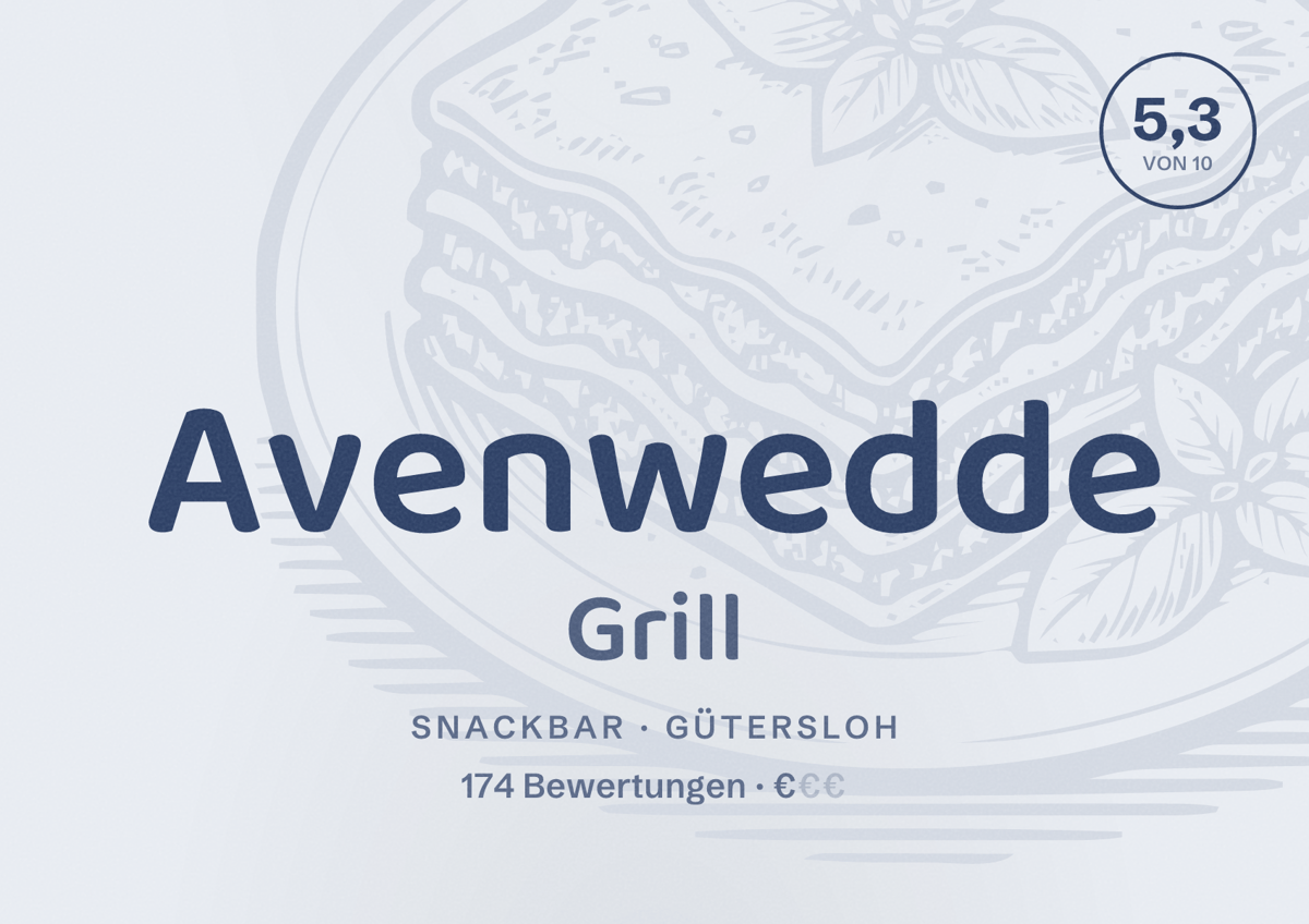 Illustriertes Poster von Avenwedde Grill, Snackbar in Gütersloh: Bewertung 5,3 von 10 aus 174 Bewertungen, Preisniveau €