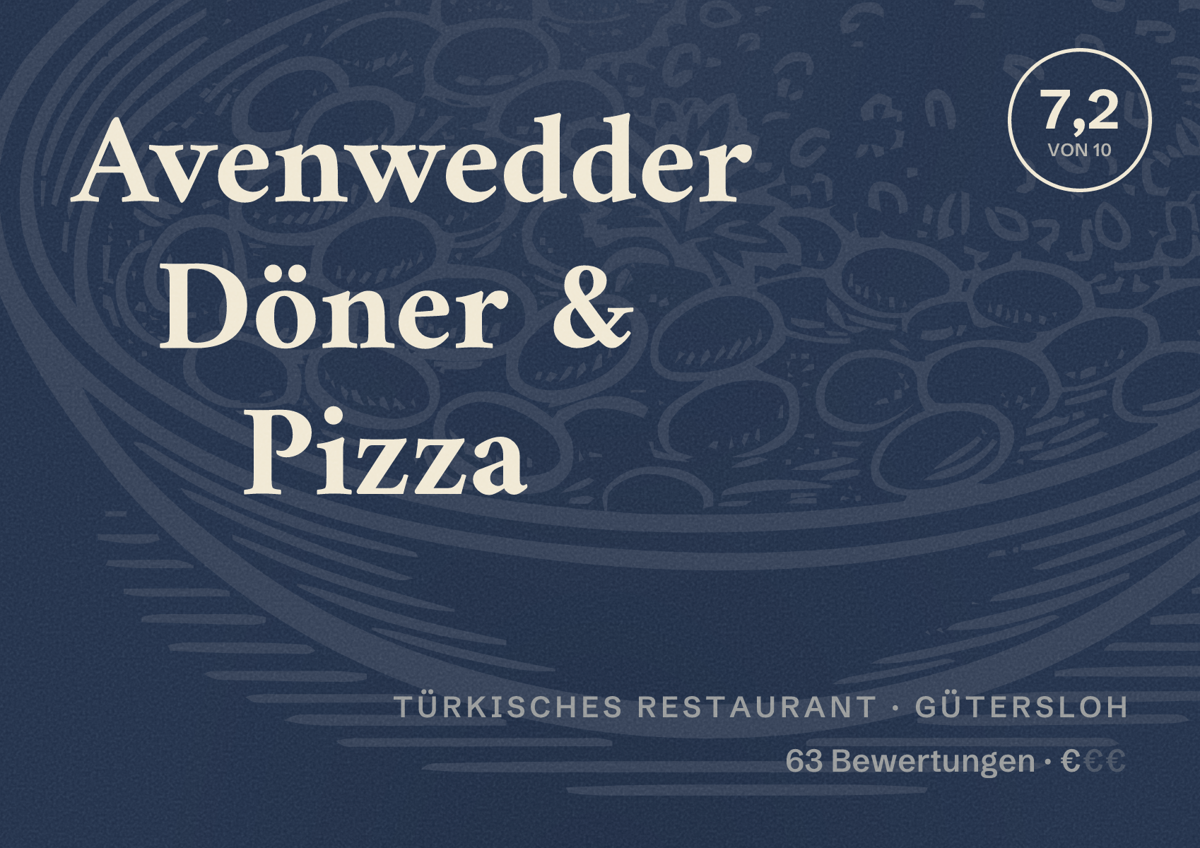 Illustriertes Poster von Avenwedder Döner & Pizza, Türkisches Restaurant in Gütersloh: Bewertung 7,2 von 10 aus 63 Bewertungen, Preisniveau €