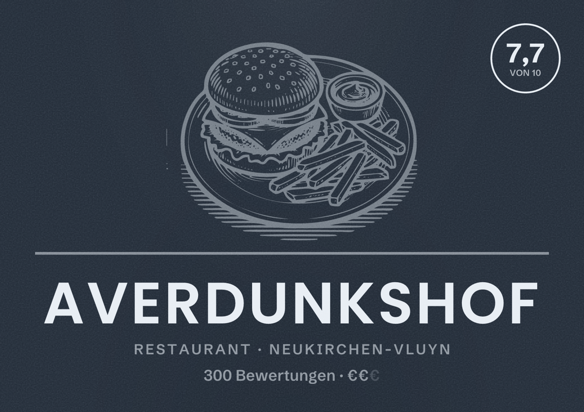 Illustriertes Poster von Averdunkshof, Restaurant in Neukirchen-Vluyn: Bewertung 7,7 von 10 aus 300 Bewertungen, Preisniveau €€
