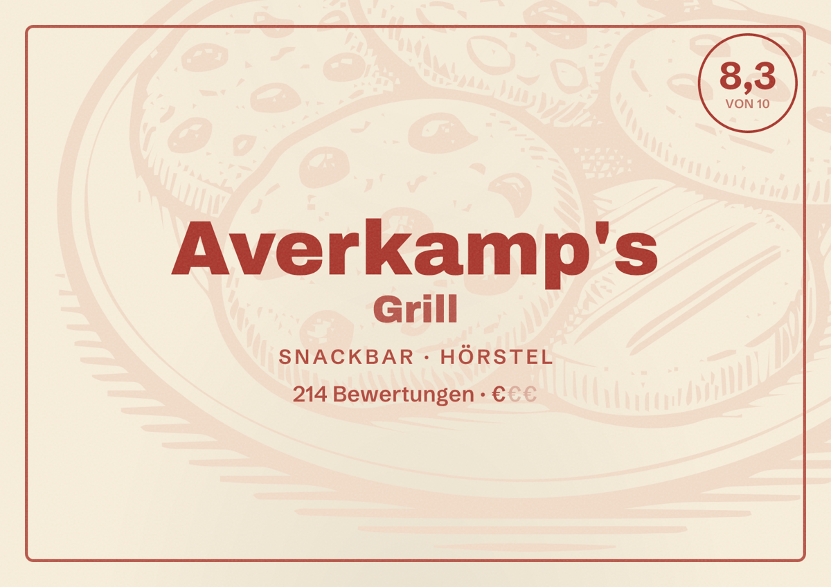 Illustriertes Poster von Averkamp's Grill, Snackbar in Hörstel: Bewertung 8,3 von 10 aus 214 Bewertungen, Preisniveau €