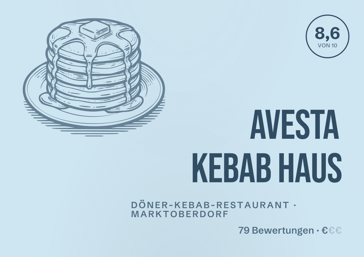 Illustriertes Poster von Avesta Kebab Haus, Döner-Kebab-Restaurant in Marktoberdorf: Bewertung 8,6 von 10 aus 79 Bewertungen, Preisniveau €