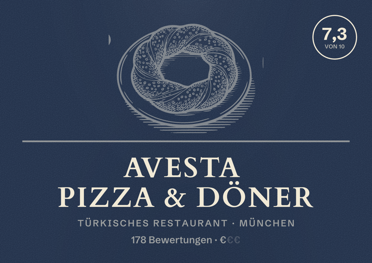 Illustriertes Poster von Avesta Pizza & Döner, Türkisches Restaurant in München: Bewertung 7,3 von 10 aus 178 Bewertungen, Preisniveau €