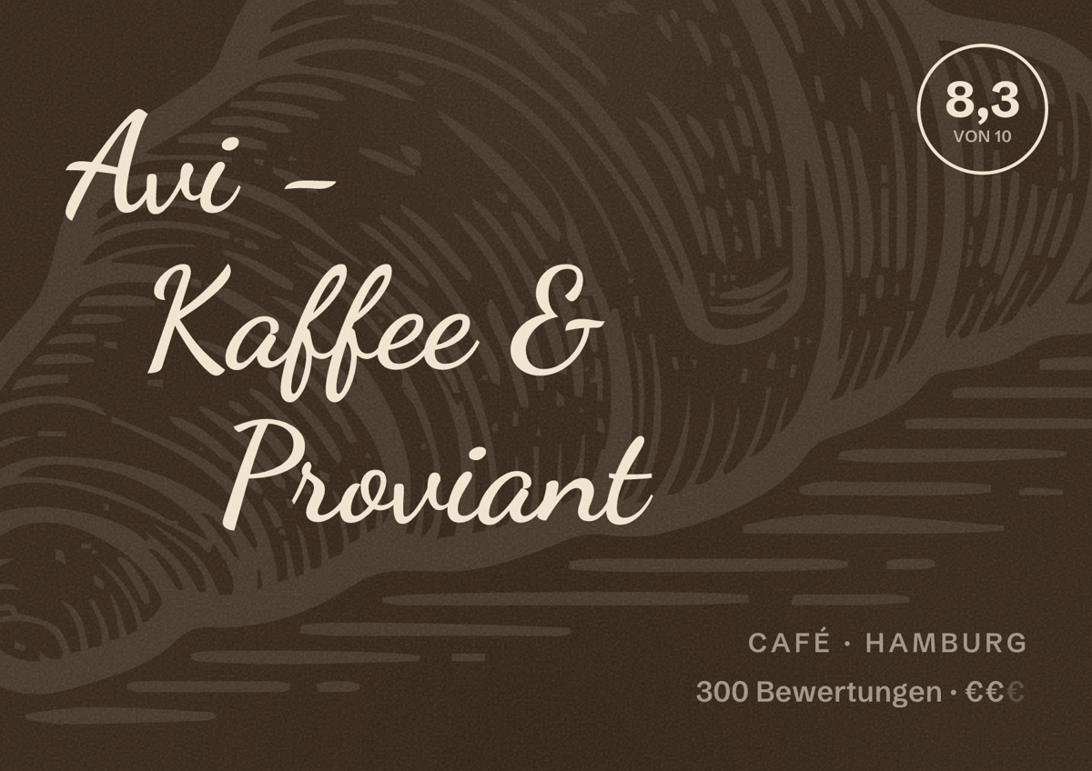 Illustriertes Poster von Avi - Kaffee & Proviant, Café in Hamburg: Bewertung 8,3 von 10 aus 300 Bewertungen, Preisniveau €€