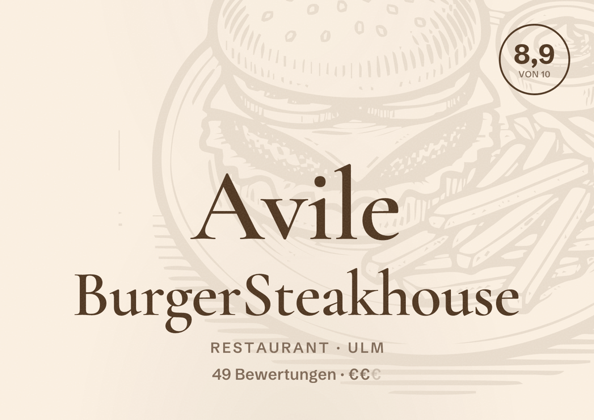 Illustriertes Poster von Avile BurgerSteakhouse, Restaurant in Ulm: Bewertung 8,9 von 10 aus 49 Bewertungen, Preisniveau €€