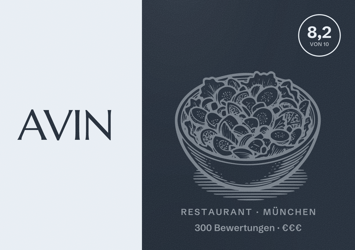 Illustriertes Poster von AVIN, Restaurant in München: Bewertung 8,2 von 10 aus 300 Bewertungen, Preisniveau €€€