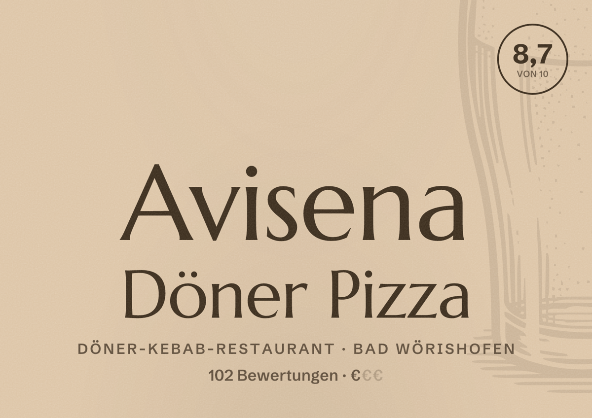 Illustriertes Poster von Avisena Döner Pizza, Döner-Kebab-Restaurant in Bad Wörishofen: Bewertung 8,7 von 10 aus 102 Bewertungen, Preisniveau €