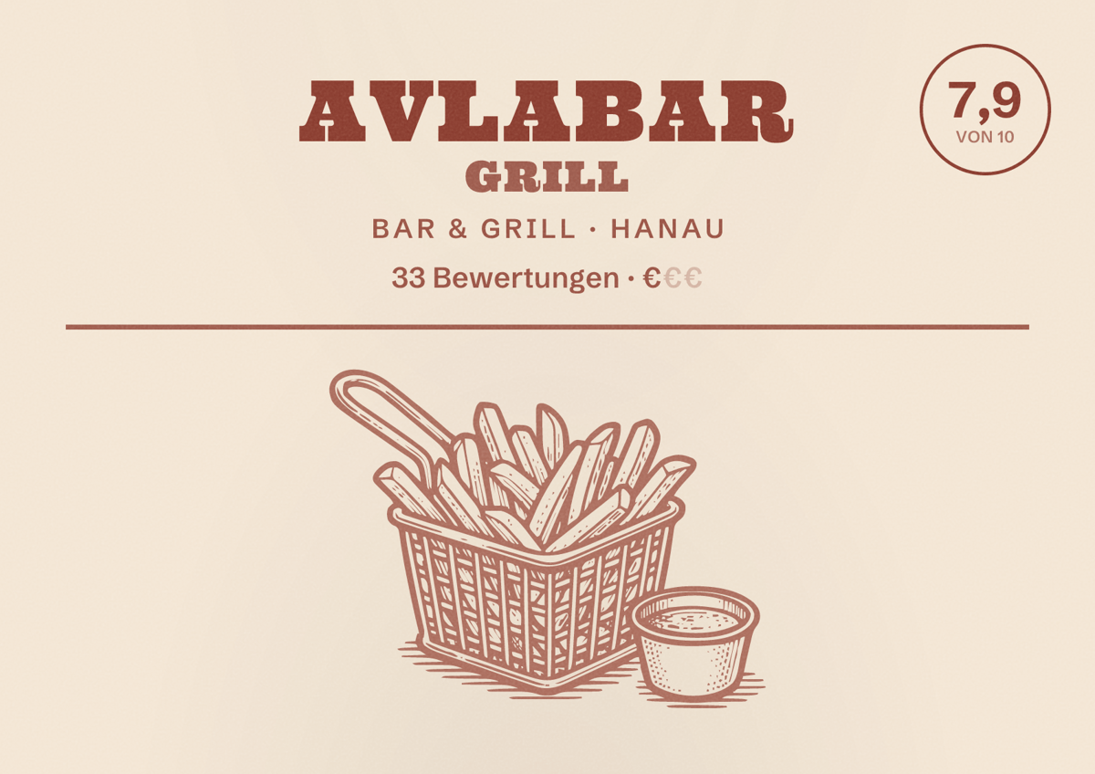 Illustriertes Poster von Avlabar Grill, Bar & Grill in Hanau: Bewertung 7,9 von 10 aus 33 Bewertungen, Preisniveau €