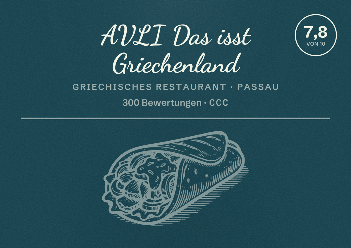 Illustriertes Poster von AVLI Das isst Griechenland, Griechisches Restaurant in Passau: Bewertung 7,8 von 10 aus 300 Bewertungen, Preisniveau €€€