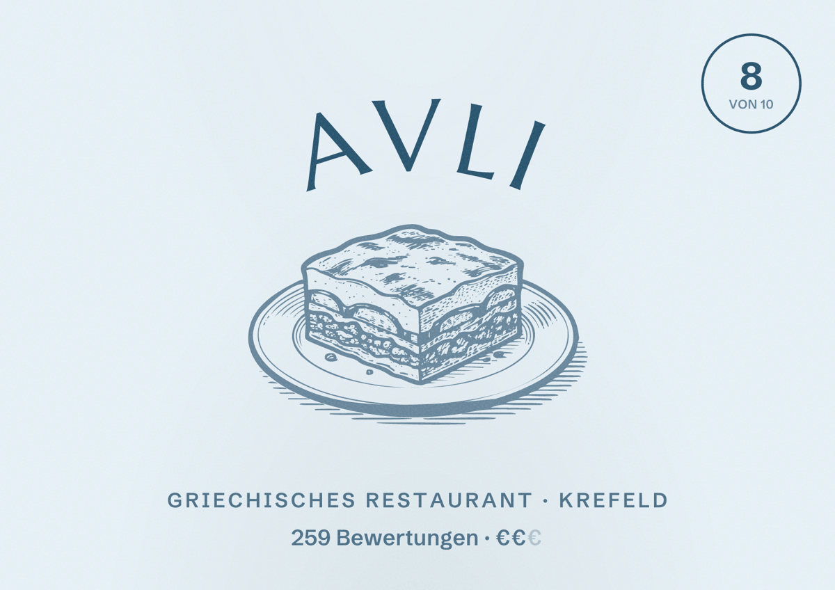 Illustriertes Poster von Avli, Griechisches Restaurant in Krefeld: Bewertung 8 von 10 aus 259 Bewertungen, Preisniveau €€