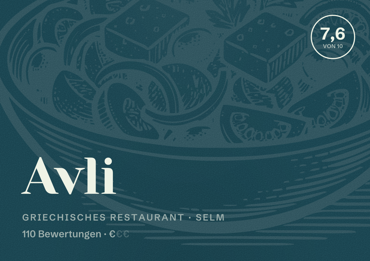 Illustriertes Poster von Avli, Griechisches Restaurant in Selm: Bewertung 7,6 von 10 aus 110 Bewertungen, Preisniveau €