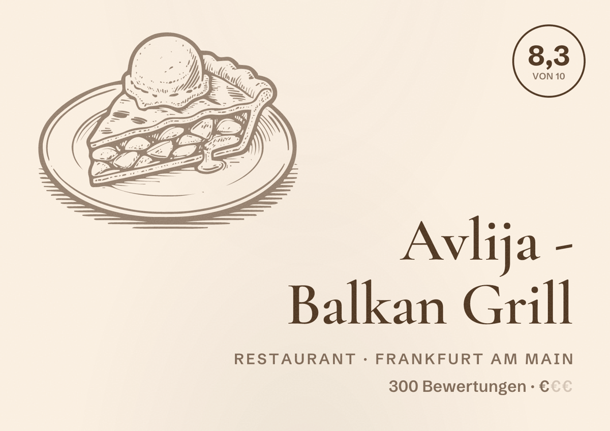 Illustriertes Poster von Avlija - Balkan Grill, Restaurant in Frankfurt am Main: Bewertung 8,3 von 10 aus 300 Bewertungen, Preisniveau €