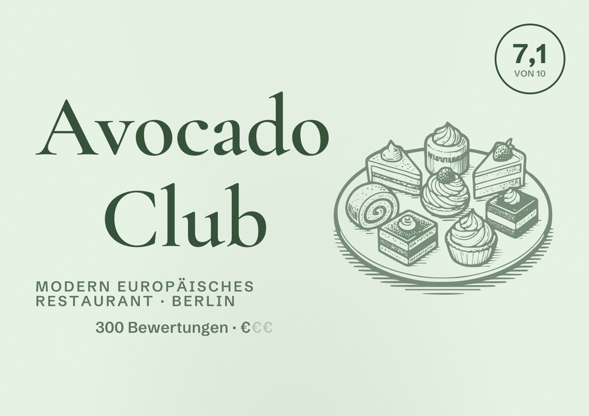 Illustriertes Poster von Avocado Club, Modern europäisches Restaurant in Berlin: Bewertung 7,1 von 10 aus 300 Bewertungen, Preisniveau €