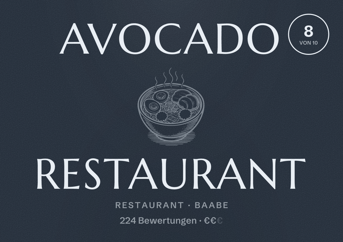 Illustriertes Poster von Avocado Restaurant, Restaurant in Baabe: Bewertung 8 von 10 aus 224 Bewertungen, Preisniveau €€