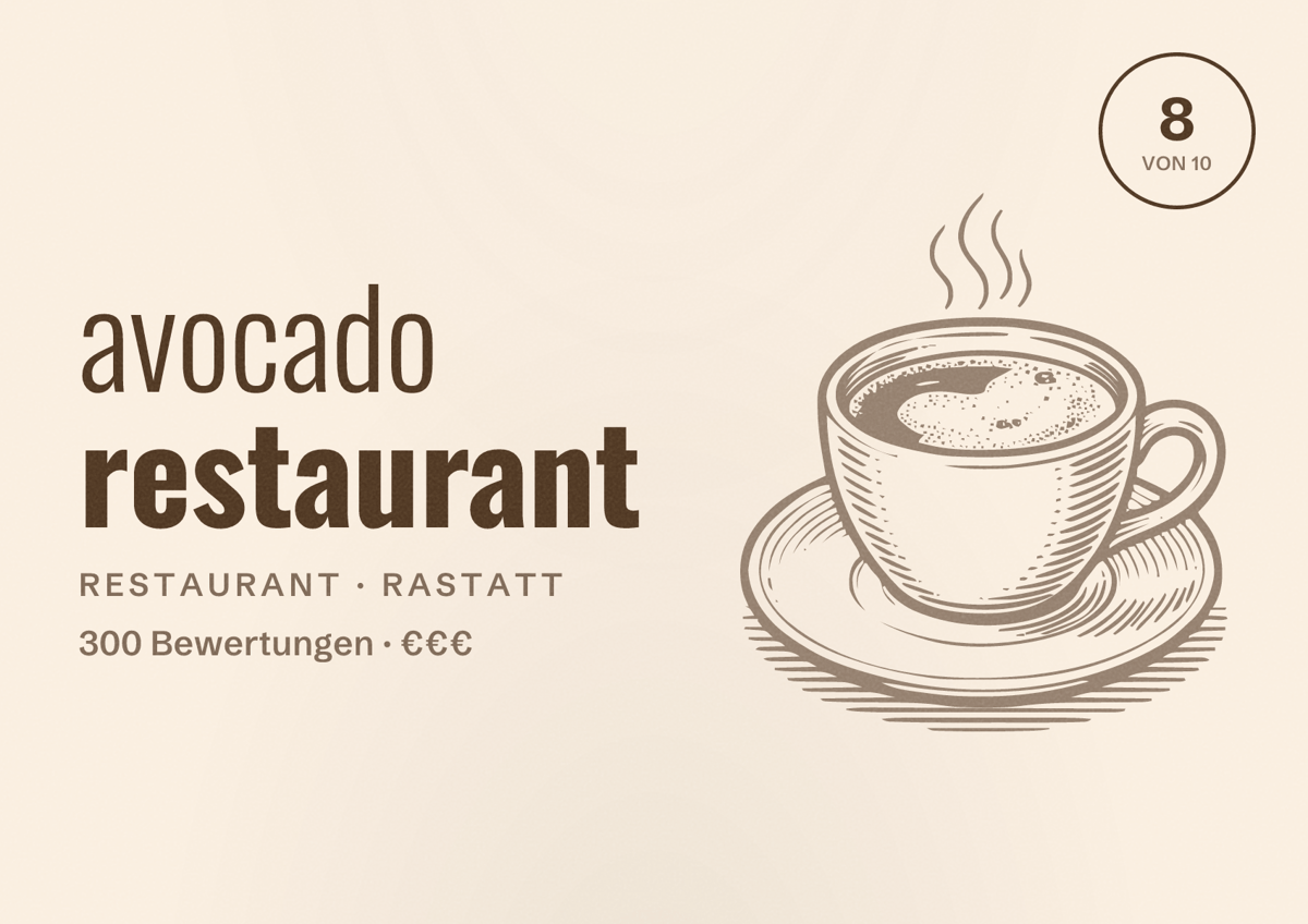 Illustriertes Poster von avocado restaurant, Restaurant in Rastatt: Bewertung 8 von 10 aus 300 Bewertungen, Preisniveau €€€