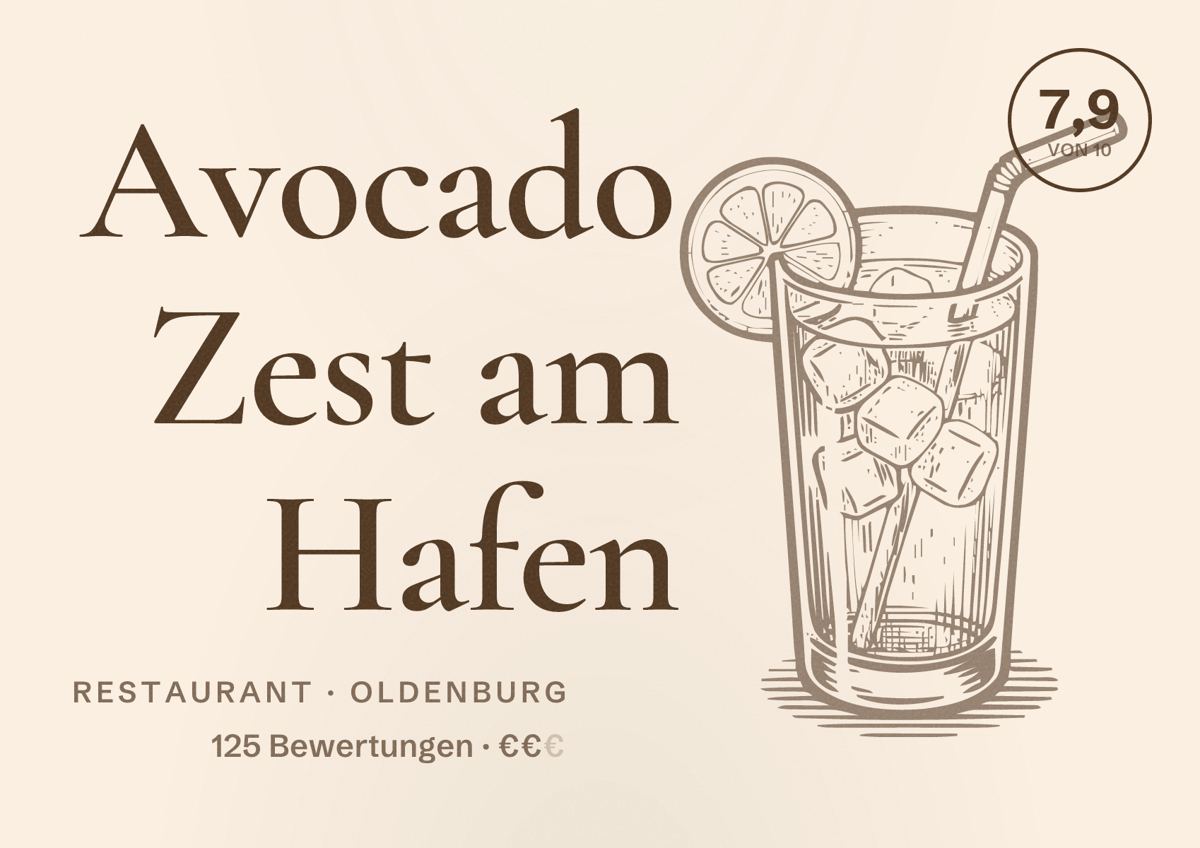 Illustriertes Poster von Avocado Zest am Hafen, Restaurant in Oldenburg: Bewertung 7,9 von 10 aus 125 Bewertungen, Preisniveau €€