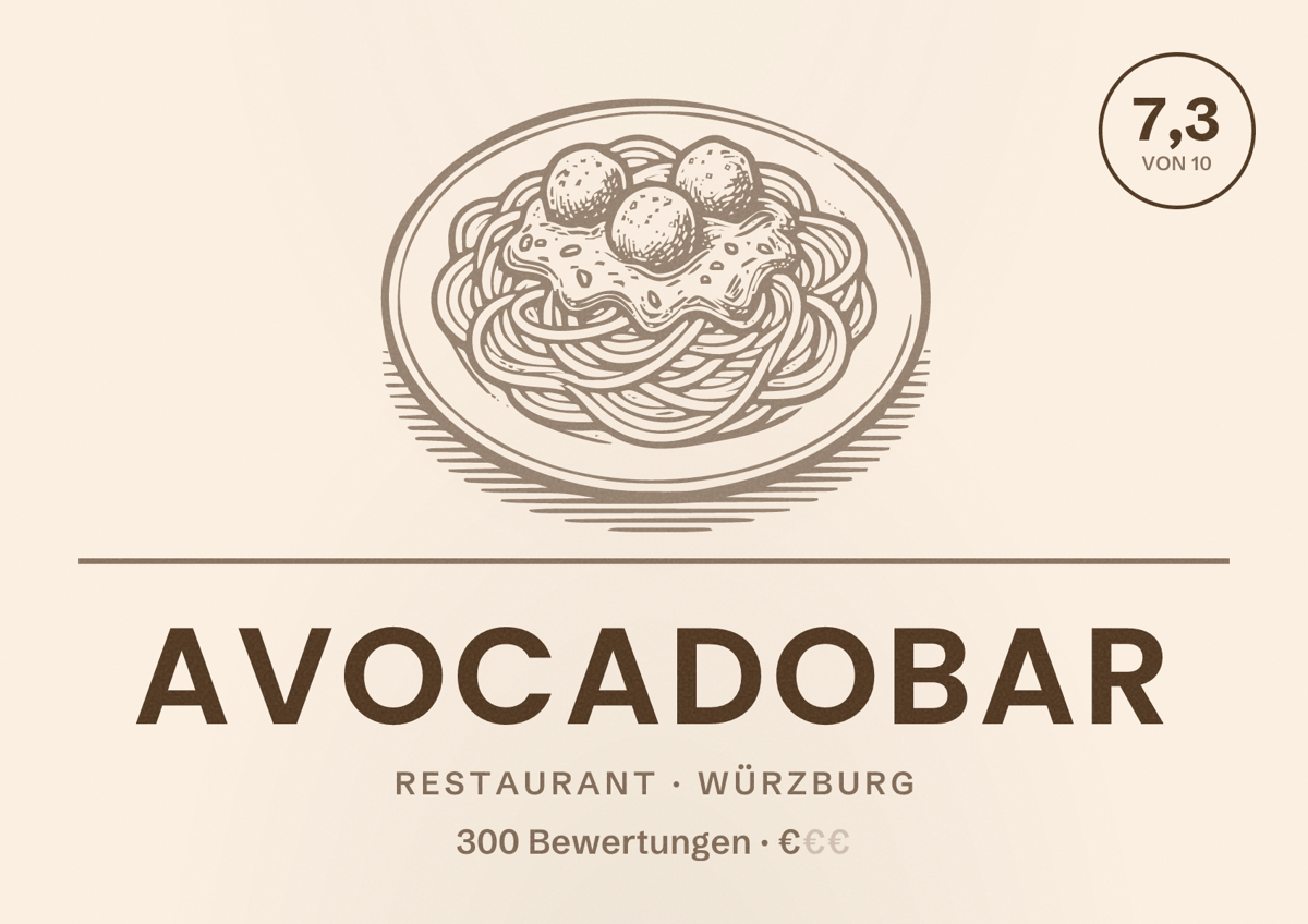 Illustriertes Poster von Avocadobar, Restaurant in Würzburg: Bewertung 7,3 von 10 aus 300 Bewertungen, Preisniveau €