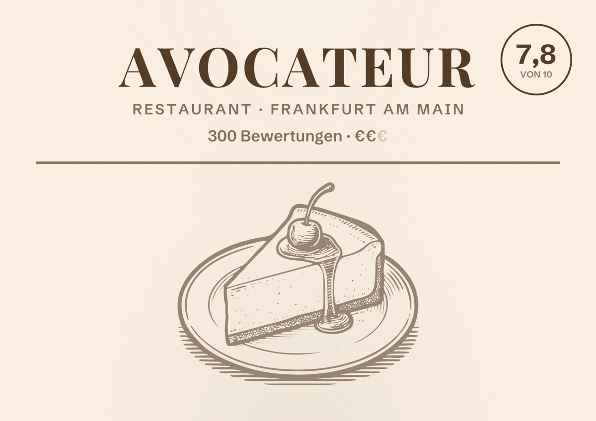 Illustriertes Poster von Avocateur, Restaurant in Frankfurt am Main: Bewertung 7,8 von 10 aus 300 Bewertungen, Preisniveau €€