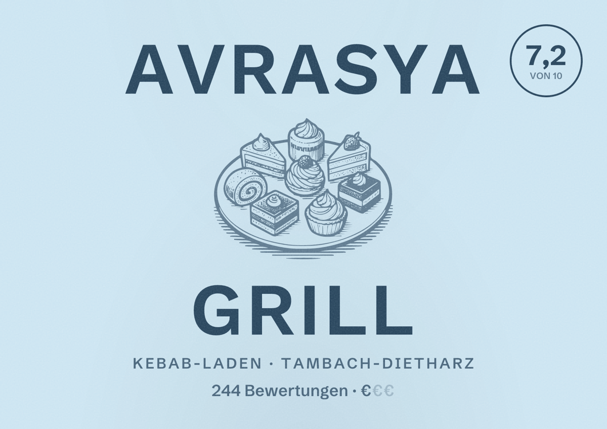 Illustriertes Poster von Avrasya Grill, Kebab-Laden in Tambach-Dietharz: Bewertung 7,2 von 10 aus 244 Bewertungen, Preisniveau €