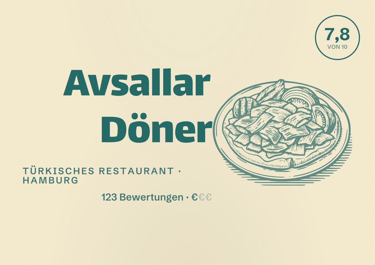 Illustriertes Poster von Avsallar Döner, Türkisches Restaurant in Hamburg: Bewertung 7,8 von 10 aus 123 Bewertungen, Preisniveau €