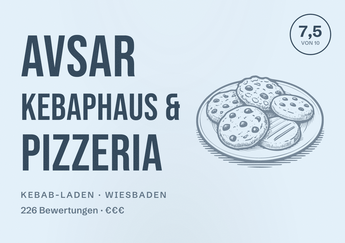 Illustriertes Poster von Avsar Kebaphaus & Pizzeria, Kebab-Laden in Wiesbaden: Bewertung 7,5 von 10 aus 226 Bewertungen, Preisniveau €€€