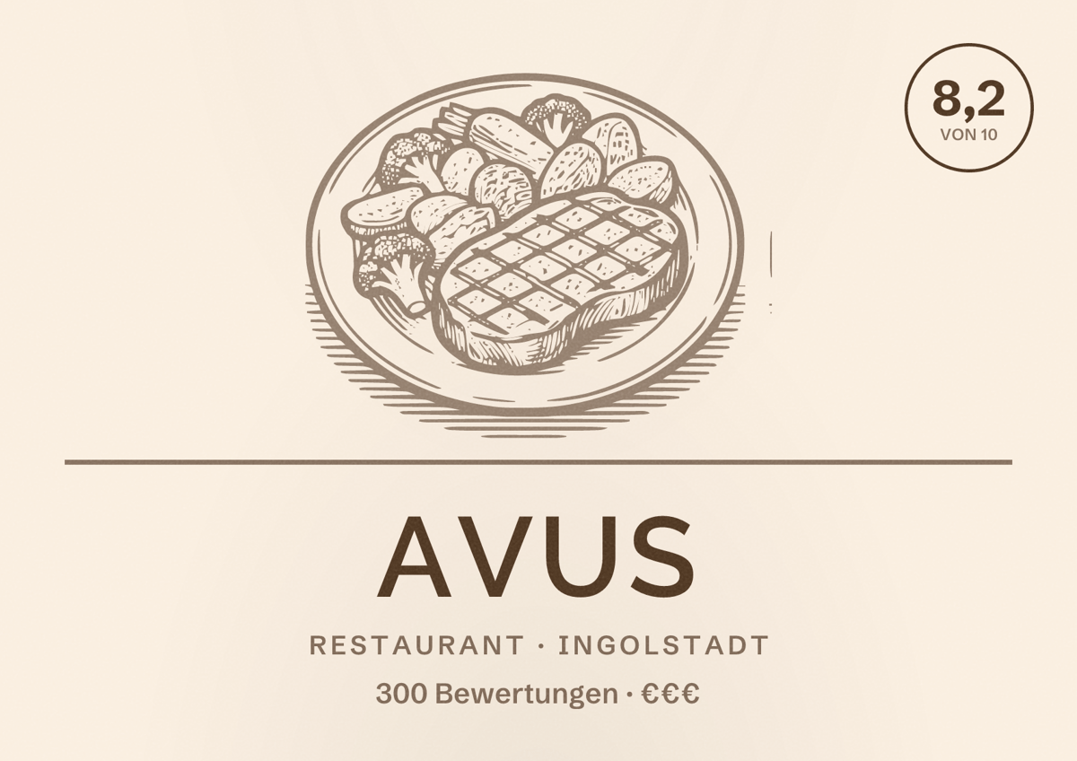Illustriertes Poster von Avus, Restaurant in Ingolstadt: Bewertung 8,2 von 10 aus 300 Bewertungen, Preisniveau €€€