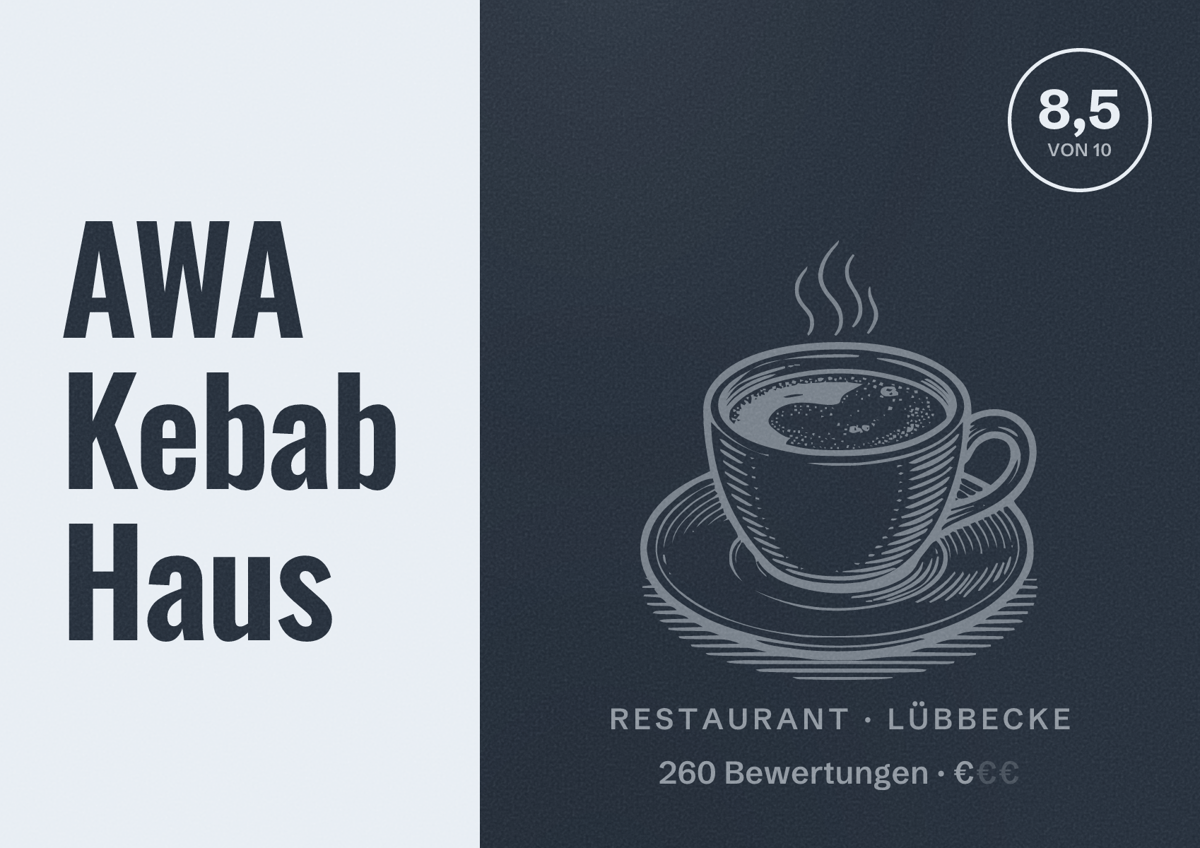 Illustriertes Poster von AWA Kebab Haus, Restaurant in Lübbecke: Bewertung 8,5 von 10 aus 260 Bewertungen, Preisniveau €